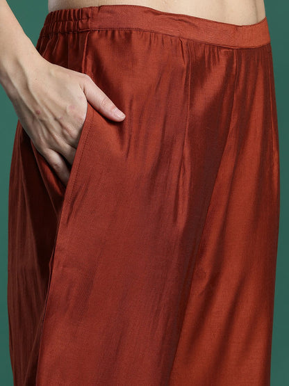 Indyancart IE Ethnic Motifs Embroidered Liva Kurta with Trousers & With Dupatta