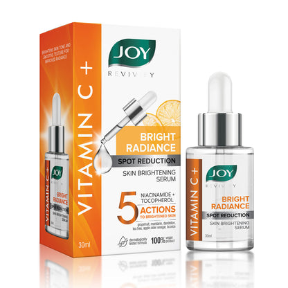 Joy Vitamin C face serum for glowing skin, showing a clear glass bottle with dropper and bright, fresh product inside.