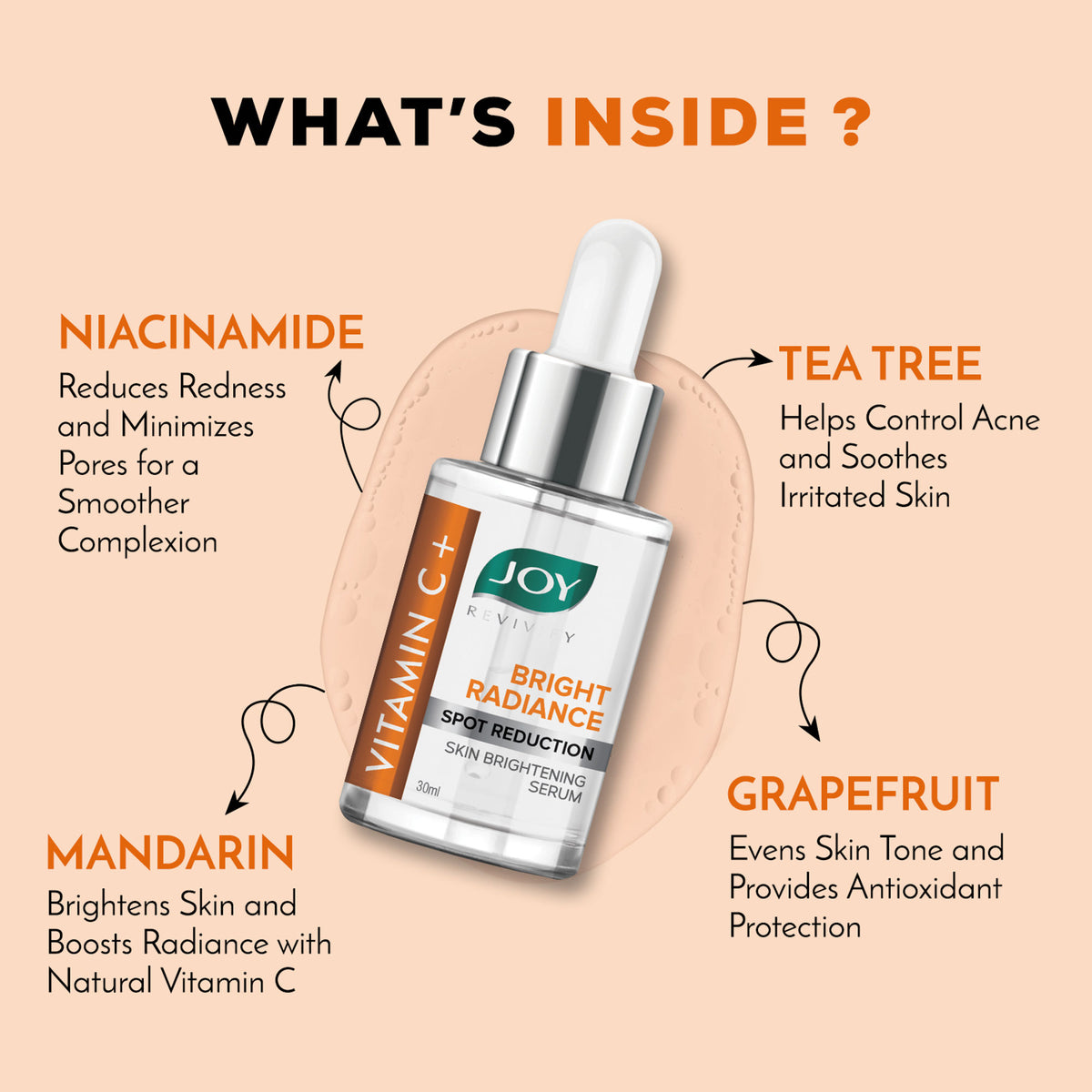 Joy Skin Brightening Vitamin C Face Serum bottle with dropper for glowing skin and anti-aging, set against a clean background.