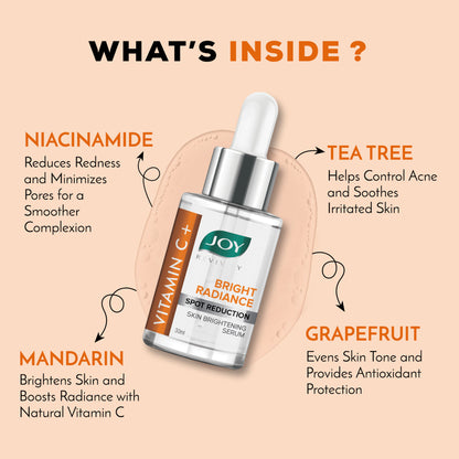 Joy Skin Brightening Vitamin C Face Serum bottle with dropper for glowing skin and anti-aging, set against a clean background.