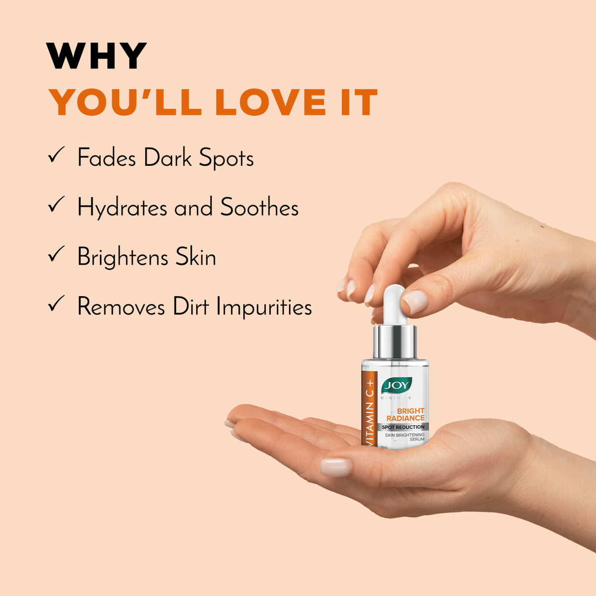 Joy Skin Brightening Vitamin C Face Serum for glowing skin, featuring a clear bottle with a dropper, designed to reduce signs of aging.