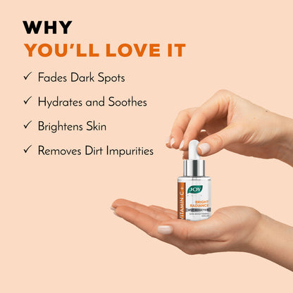 Joy Skin Brightening Vitamin C Face Serum for glowing skin, featuring a clear bottle with a dropper, designed to reduce signs of aging.
