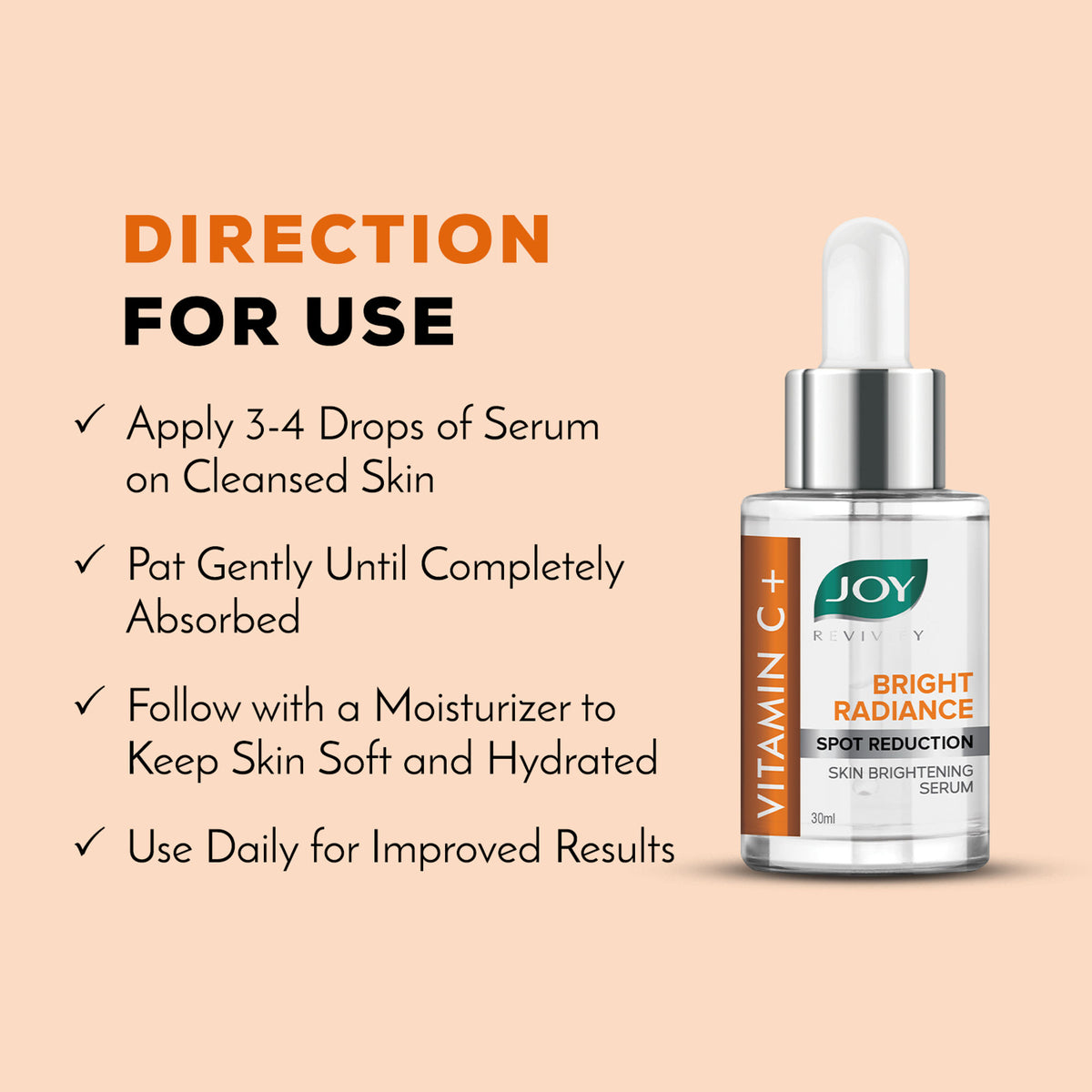 Joy Skin Brightening Vitamin C Face Serum bottle with applicator, promoting glowing skin and reducing signs of aging.