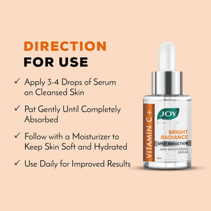 Joy Skin Brightening Vitamin C Face Serum bottle with applicator, promoting glowing skin and reducing signs of aging.
