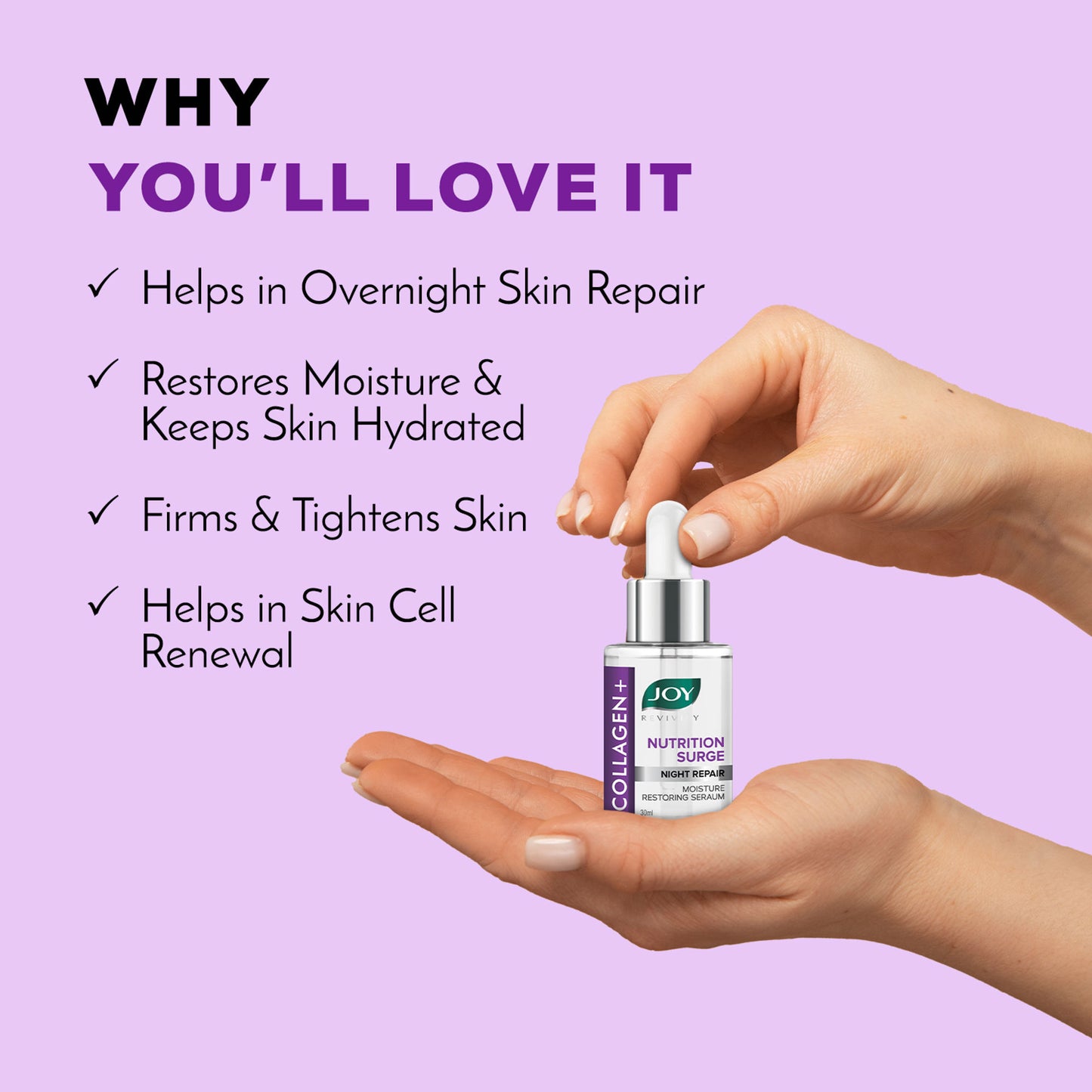Joy Night Repair Face Serum with Collagen & Hyaluronic Acid - Restores Moisture Overnight