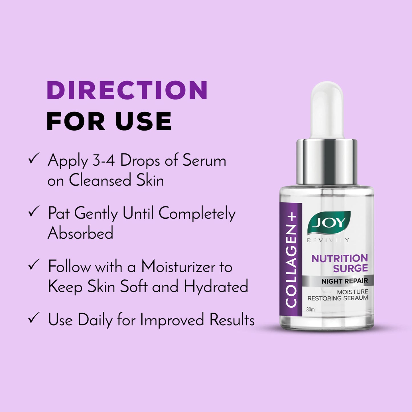 Joy Night Repair Face Serum with Collagen & Hyaluronic Acid - Restores Moisture Overnight