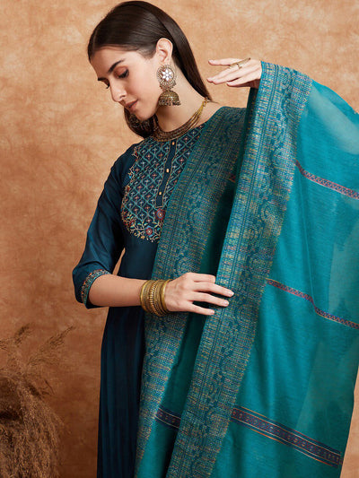 Indyancart SN Women's Teal Blue Embroidered Zari Sequence A Line Kurta & Trousers Dupatta