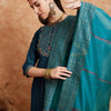 Dhiyona SN Women's Teal Blue Embroidered Zari Sequence A Line Kurta & Trousers Dupatta