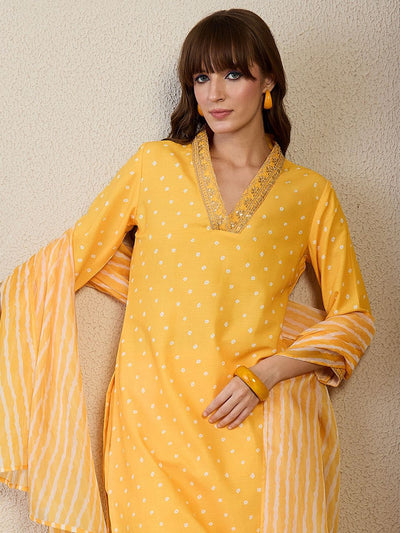 Indyancart IE Bandhani Printed Straight Kurta With Trouser & Dupatta