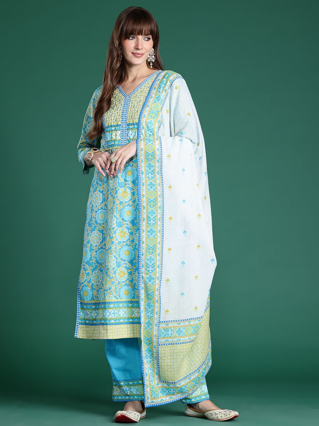Floral Printed Mirror Work Pure Cotton Kurta with Trousers & Dupatta