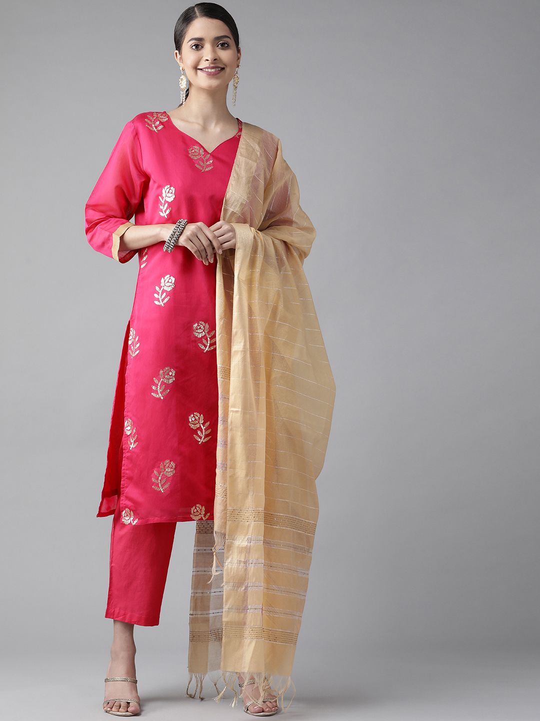Dhiyona IE Women Pink Floral Embroidered Regular Sequinned Chanderi Cotton Kurta with Trousers & With Dupatta