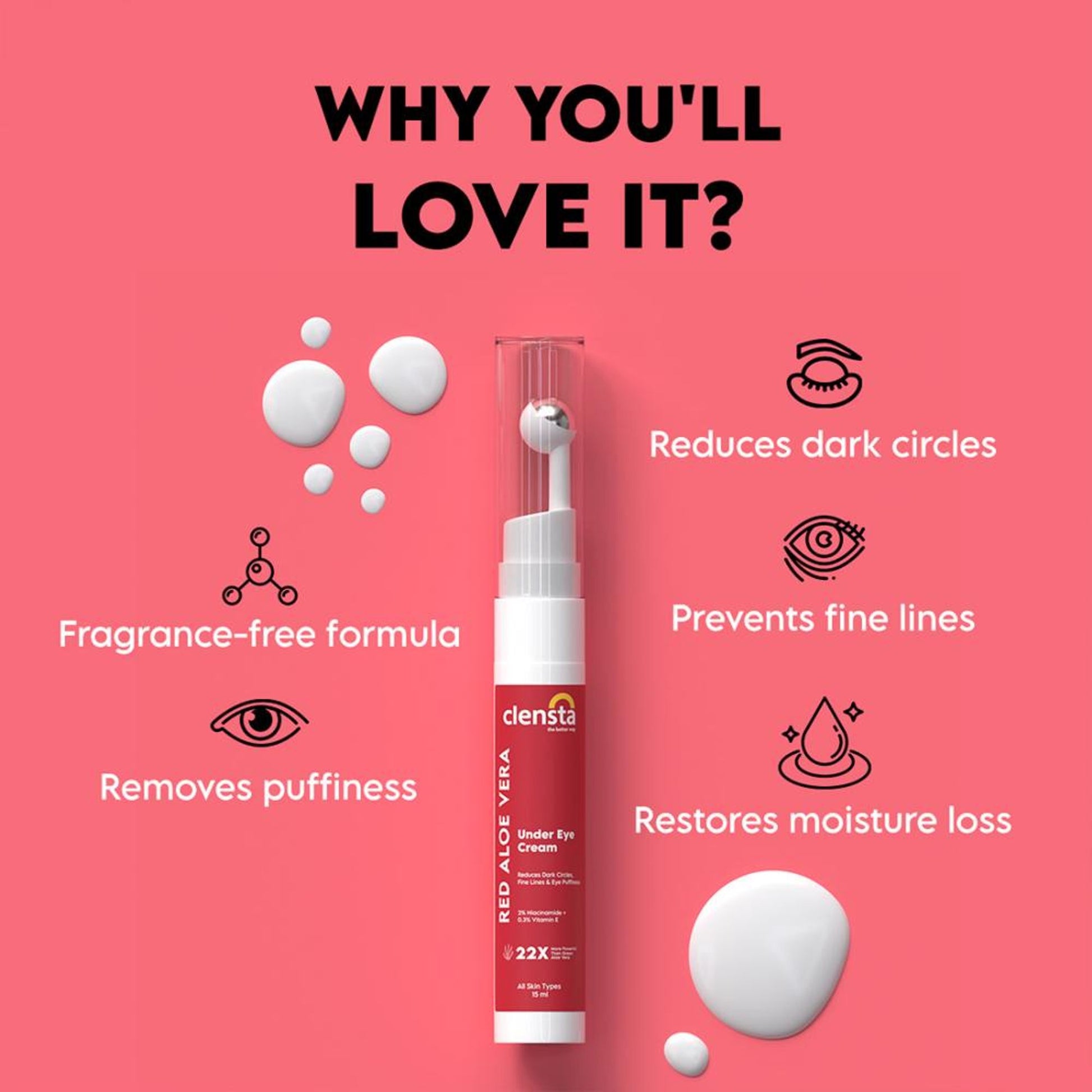 Clensta Red Aloe Vera Under Eye Cream with Niacinamide & Vitamin E for Reduces Dark Circles