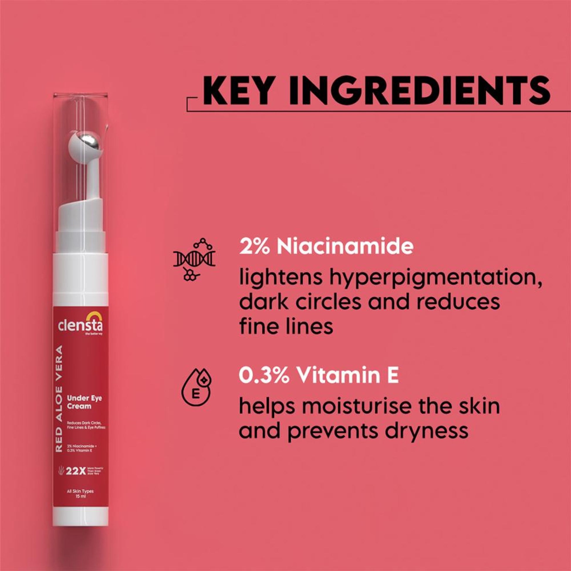 Clensta Red Aloe Vera Under Eye Cream with Niacinamide & Vitamin E for Reduces Dark Circles