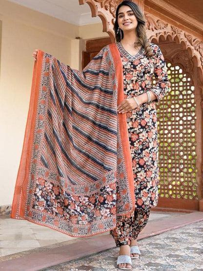 Indyancart VA Women'sFloral Embellished Kurta Paired With Afghani Trousers & Dupatta