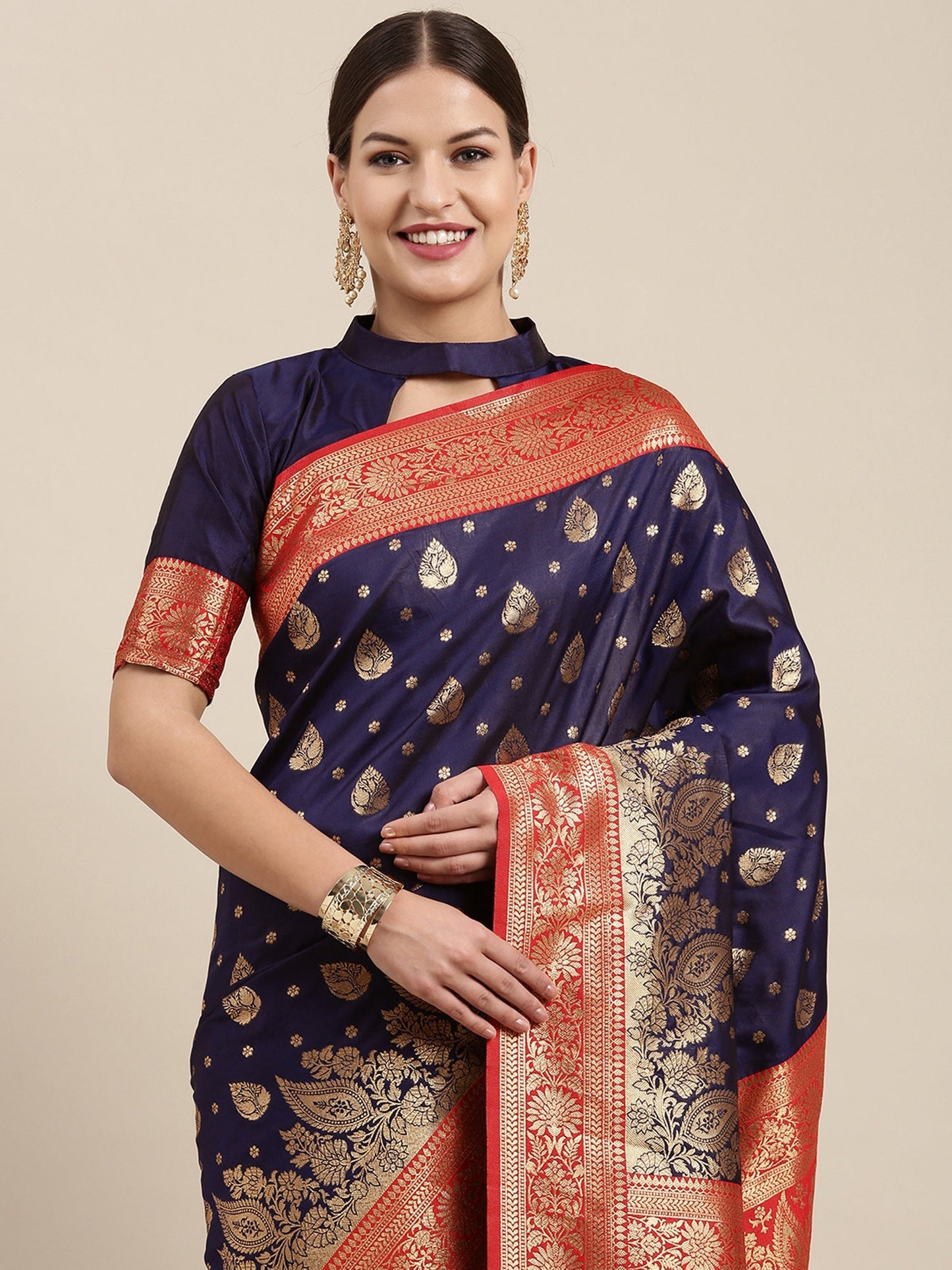 Women's Kanjeevaram Silk Navy Blue Woven Design Designer Saree With Blouse Piece