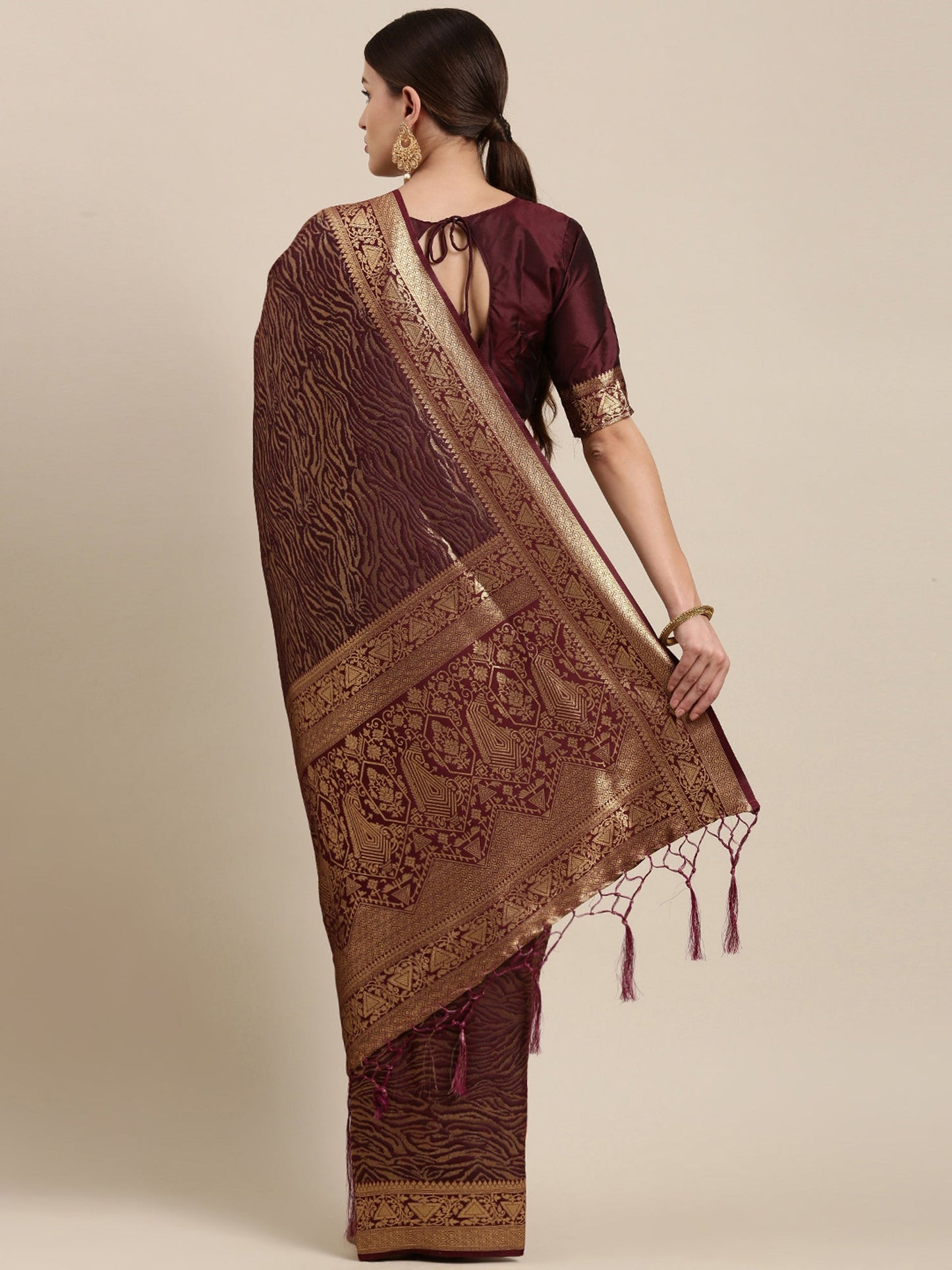 Women's Kanjeevaram Silk Burgundy Woven Design Designer Saree With Blouse Piece