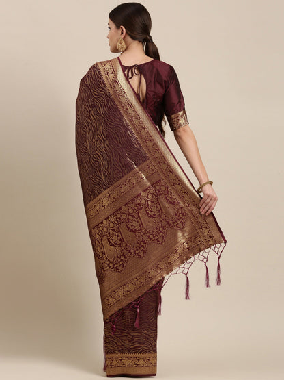 Women's Kanjeevaram Silk Burgundy Woven Design Designer Saree With Blouse Piece