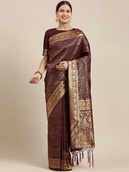 Women's Kanjeevaram Silk Burgundy Woven Design Designer Saree With Blouse Piece
