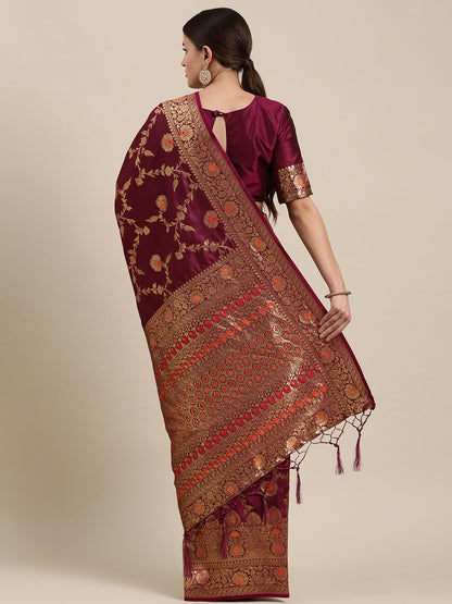 Women's Kanjeevaram Silk Purple Woven Design Designer Saree With Blouse Piece