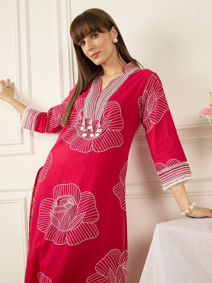 Floral Printed Thread Work Pure Cotton Kurta With Palazzos