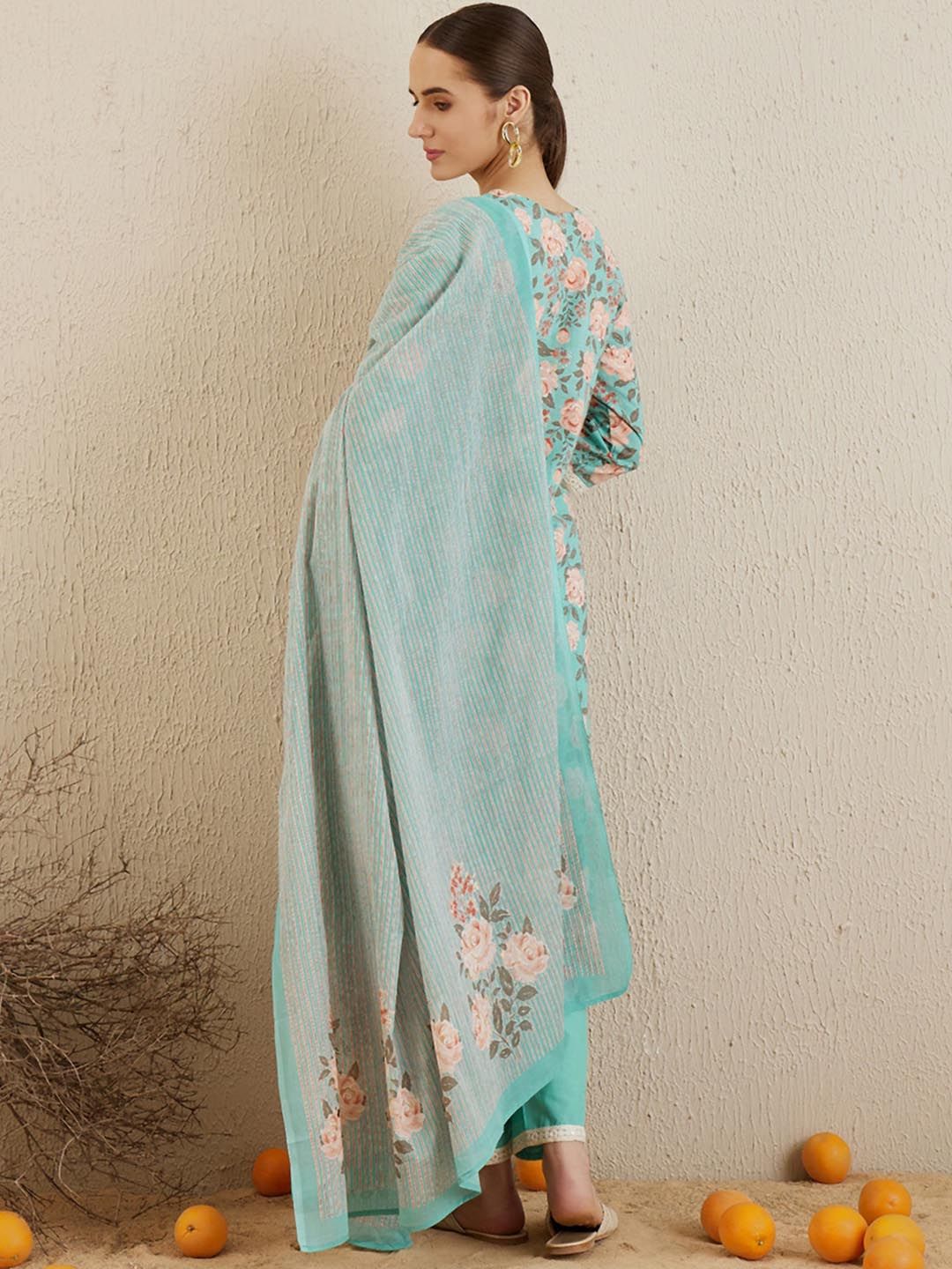 Dhiyona IE Floral Printed Mirror Work Pure Cotton Straight Kurta with Trousers & Dupatta