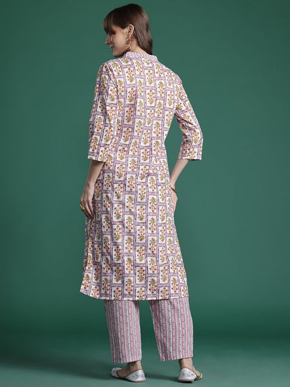 Indyancart IE Floral Printed Pure Cotton Kurta with Trousers