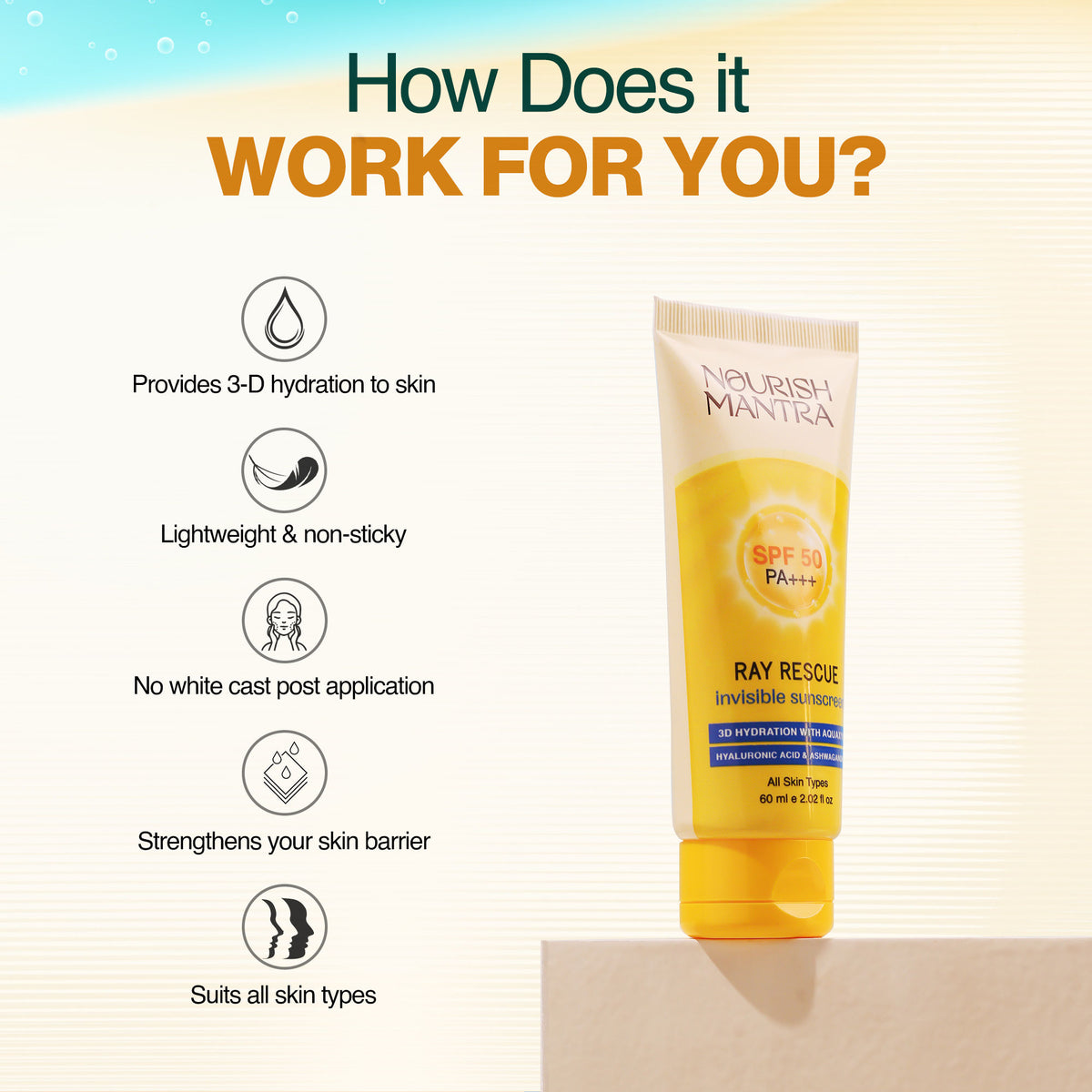 Nourish Mantra Ray Rescue Invisible Sunscreen with SPF 50 & Aquaxyl for UV Protection