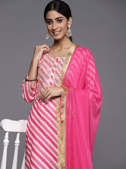Indyancart VA Women's Fuchsia Striped Gotta Patti Kurta with Trousers & With Dupatta