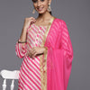 Indyancart VA Women's Fuchsia Striped Gotta Patti Kurta with Trousers & With Dupatta