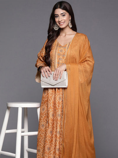 Indyancart VA Women's Bandhani Printed Empire Gotta Patti Kurta with Trousers & Dupatta