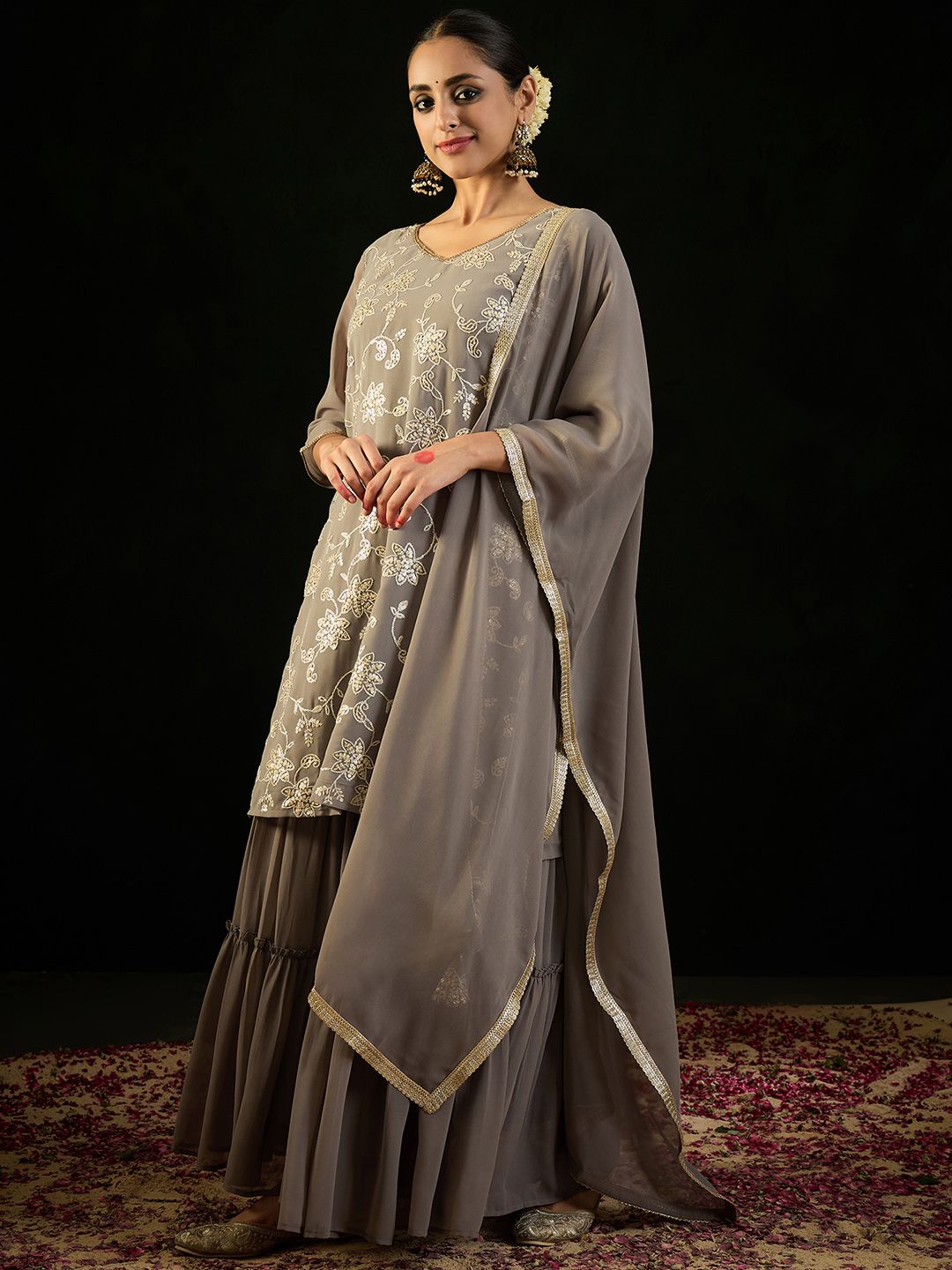 Indyancart IE V Neck Floral Embroidered Thread Work Kurta with Sharara & Dupatta