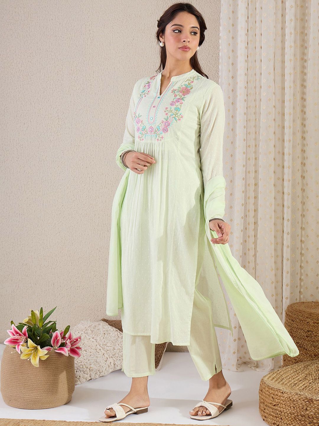Indyancart IE Embroidered Mandarin Collar A-Line Pure Cotton Kurta With Trousers And Dupatta