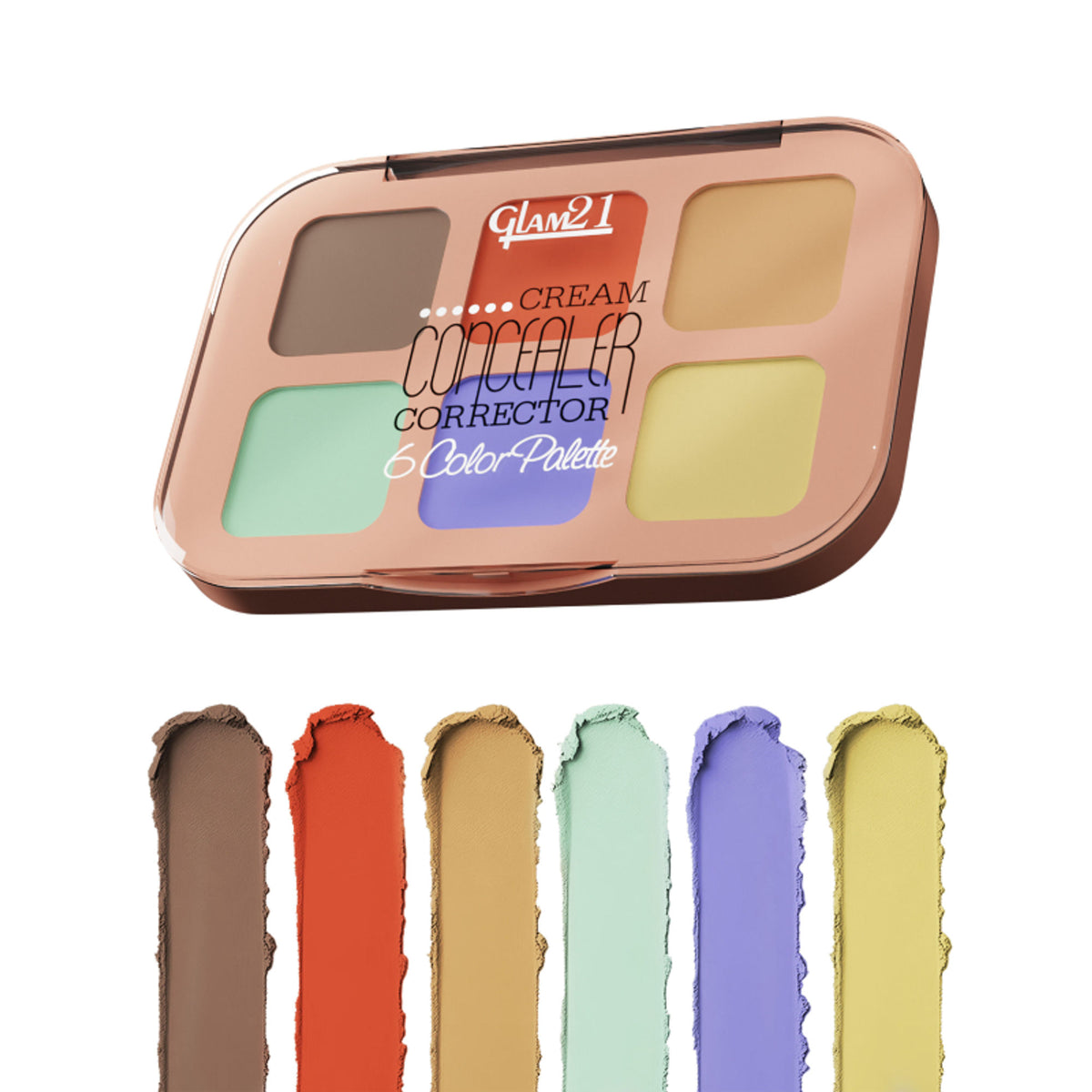 GLAM21 6-shade coverage concealer palette with corrective shades for flawless skin, featuring lightweight, blendable formula.