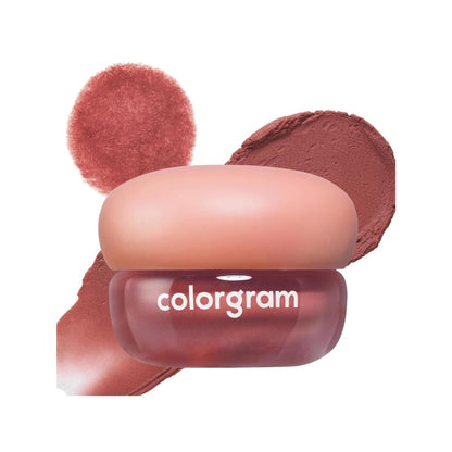 COLORGRAM Tintin Dory Blur Jam in Jujube Brick shade, featuring a close-up of the lip tint's rich, smooth texture and vibrant color.