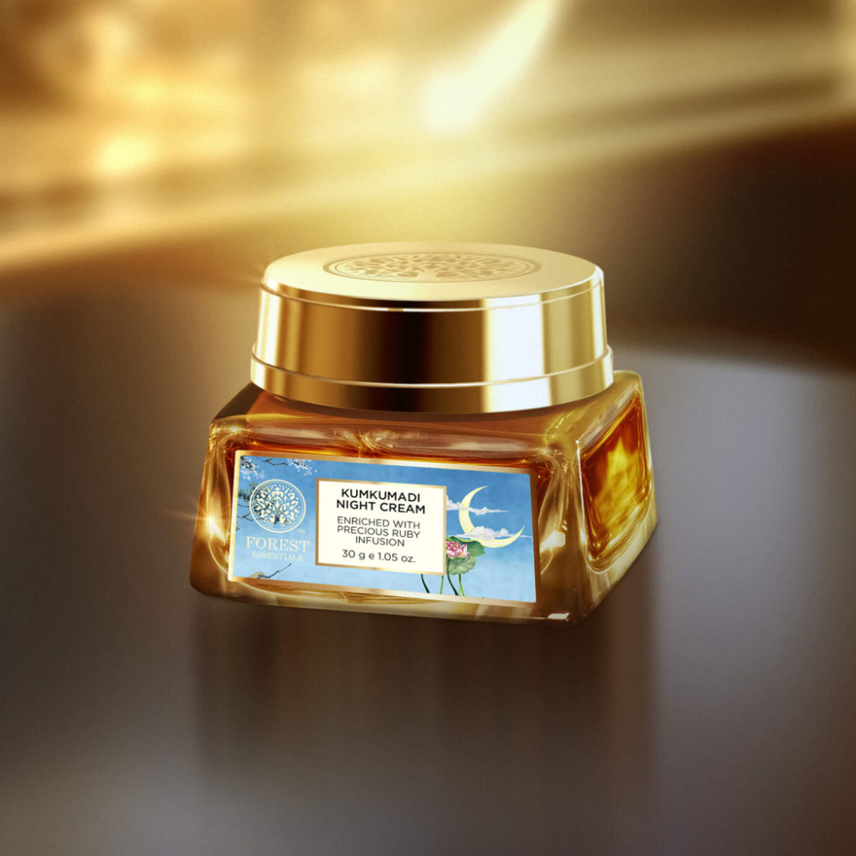 Forest Essentials Kumkumadi Night Cream with Vitamin C and Kumkumadi Tailam for glowing skin, shown in a jar with natural ingredients.