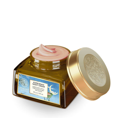 Forest Essentials Kumkumadi Night Cream with Vitamin C and Kumkumadi Tailam, creamy night face moisturizer for glowing skin.