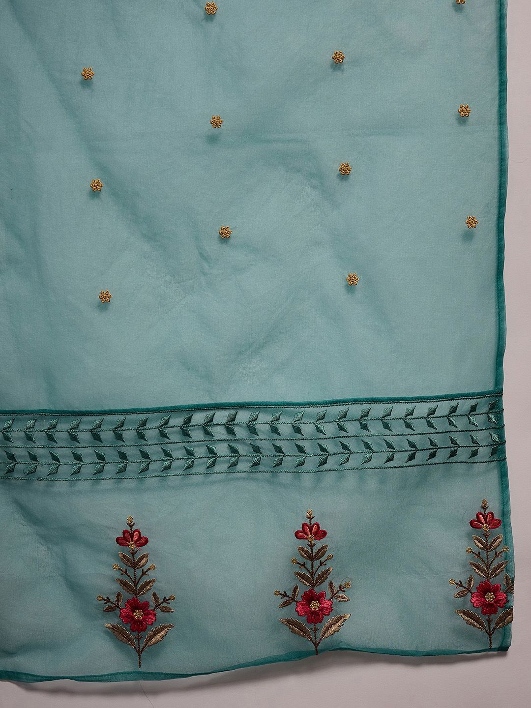 Indyancart IE Green Floral Embroidered Thread Work Kurta with Trousers & Dupatta