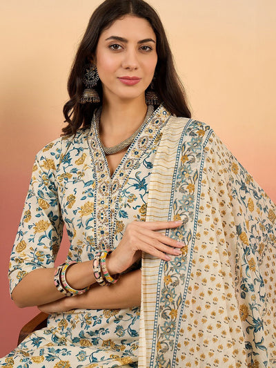 Indyancart SN Women's Floral Printed Pure Cotton V Neck Kurta With Trousers & Dupatta