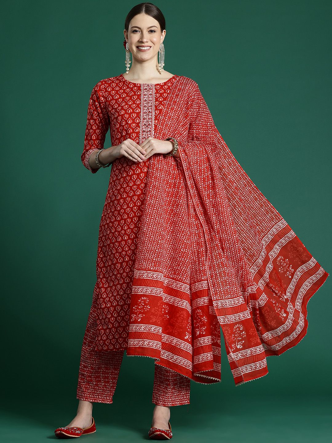 Indyancart IE Women Ethnic Motifs Printed Regular Mirror Work Pure Cotton Kurta with Trousers & With Dupatta