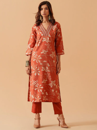 Indyancart SN Women's Floral Printed Chanderi Cotton V-Neck Straight Kurta With Trousers