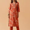 Dhiyona SN Women's Floral Printed Chanderi Cotton V-Neck Straight Kurta With Trousers