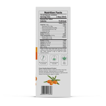 Krishna's Herbal & Ayurveda Sea Buckthorn Juice bottle from Ayurvedic drinks lineup, showing the label and orange liquid inside.