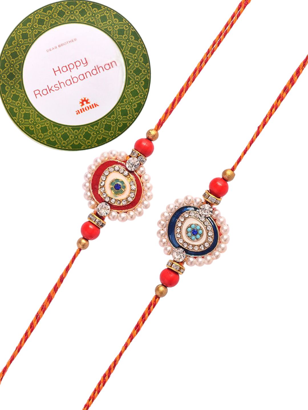 Anouk Set Of 2 White Pearl-Beaded Rakhi With Roli Rice & Greeting Card