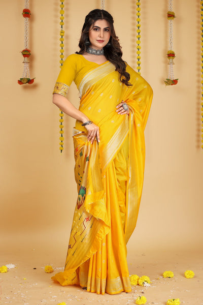 Indyancart GR Women's Mastani Haldi Yellow Zari Paithani Silk Saree