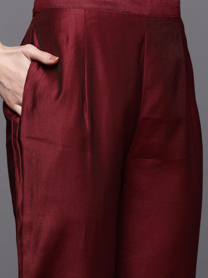 Indyancart IE Women Magenta Ethnic Motifs Embroidered Kurta with Trousers & With Dupatta