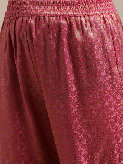 Indyancart VA Women'sPink & Gold-Colored Brocade Sleeveless Kurta Sharara With Sequins Ruffle Dupatta