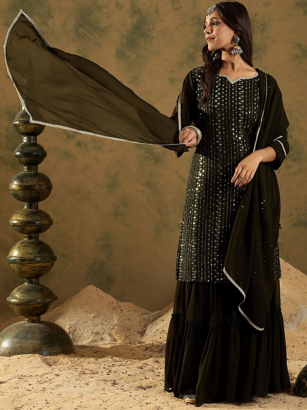 Indyancart IE Women Ethnic Motifs Embroidered Regular Sequinned Kurta with Sharara & With Dupatta