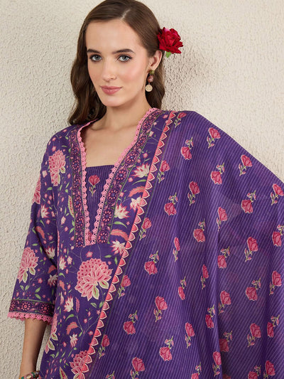Indyancart IE Women Floral Printed Cotton Kurta with Trousers & Dupatta