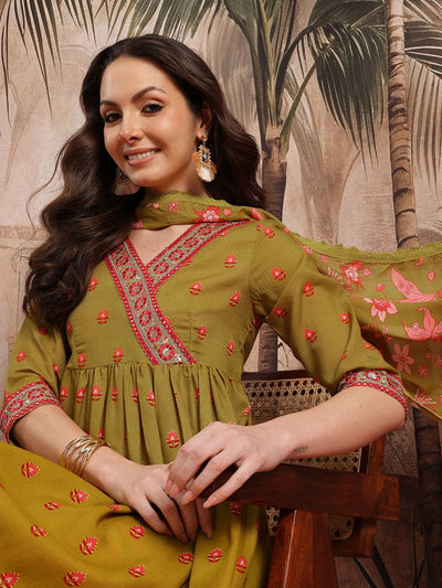 Indyancart SN Women's Floral Print Thread Work Detail Empire Style A-Line Kurta with Trousers & Dupatta