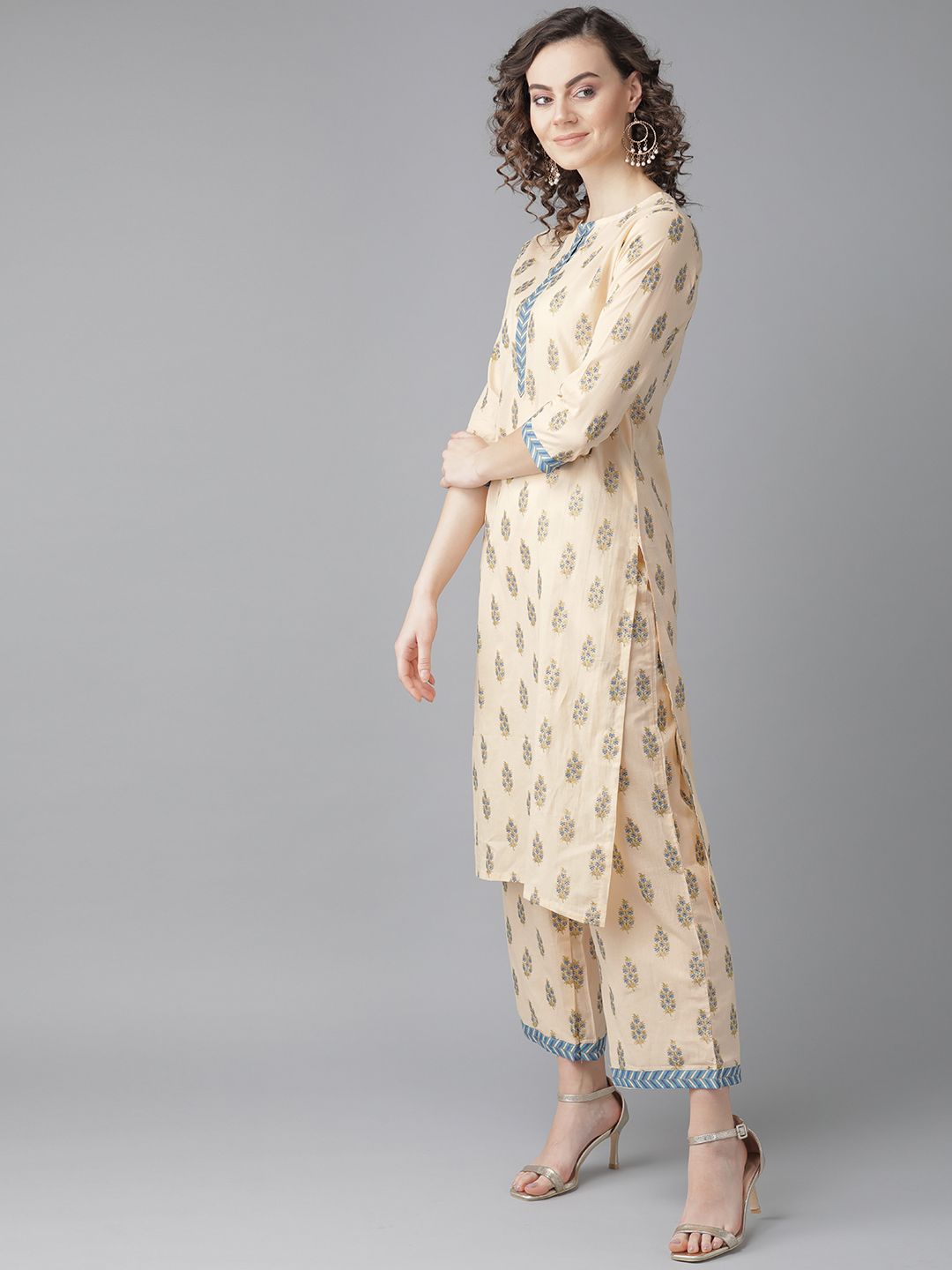 Indyancart IE Women Beige & Navy Blue Foil Printed Kurta with Palazzos & Dupatta